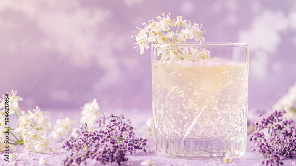 Elderflower Fizz with White Flowers on Purple Background Elderflower Fizz with White Flowers on Purple Background