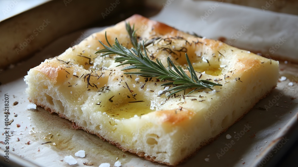 A piece of focaccia bread, topped with rosemary, sea salt, and a drizzle of olive oil.
A piece of focaccia bread, topped with rosemary, sea salt, and a drizzle of olive oil.