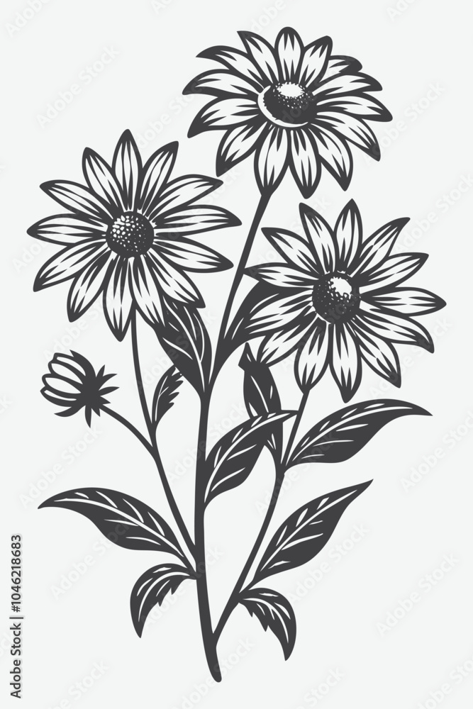 Rudbeckia Branch with Flowers Silhouette Vector Illustration in Black and White Design Rudbeckia Branch with Flowers Silhouette Vector Illustration in Black and White Design