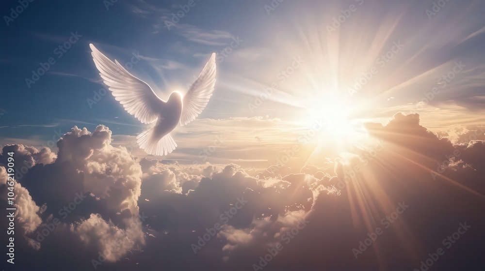Obraz premium Celestial Dove Ascending Through Radiant Clouds Under a Glorious Sunrise