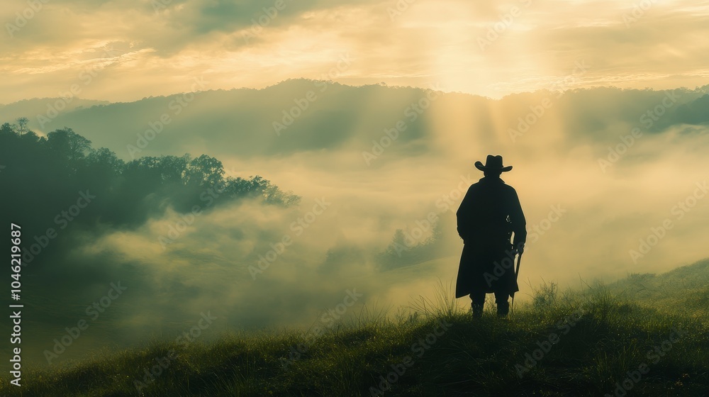 Fototapeta premium Silhouette of a cowboy standing on a grassy hill looking over a misty mountain valley at sunrise.