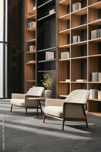 A quiet corner in a modern office with cozy chairs and bookshelves. Employees take breaks to relax or read in a peaceful environment