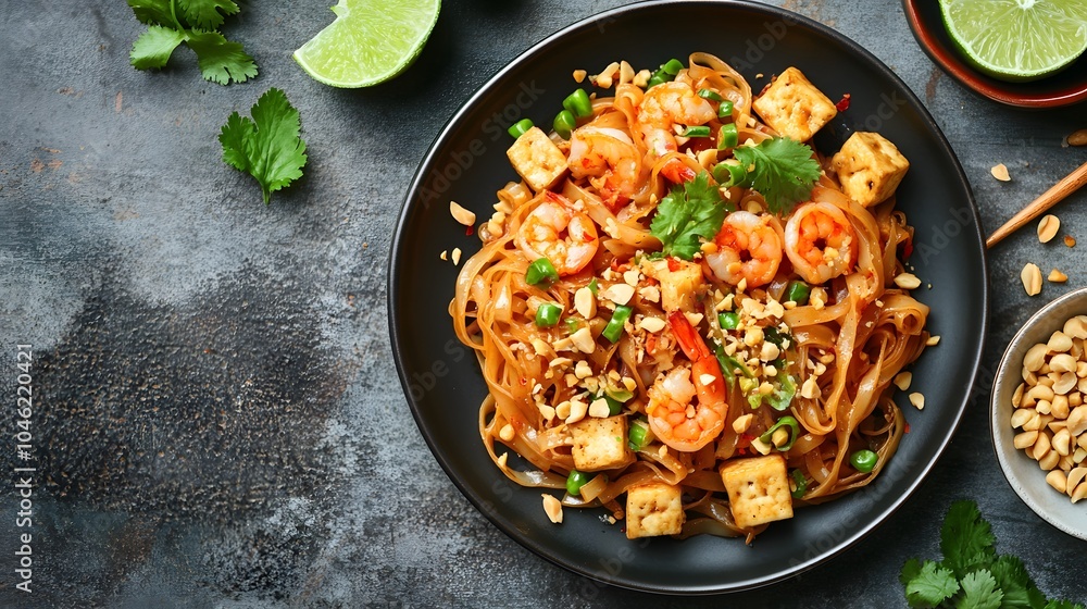 A plate of Pad Thai, with stir-fried noodles, shrimp, tofu, peanuts, and lime.
A plate of Pad Thai, with stir-fried noodles, shrimp, tofu, peanuts, and lime.