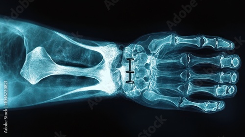 X-ray image of a human hand showing bones and surgical hardware.