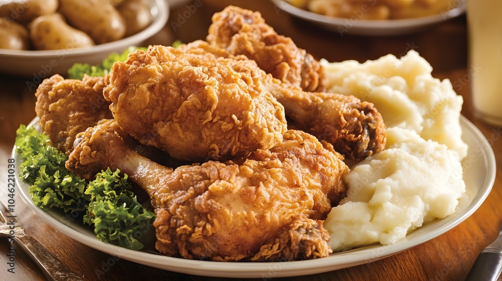 A platter of fried chicken, crispy and golden-brown, with mashed potatoes and gravy.
A platter of fried chicken, crispy and golden-brown, with mashed potatoes and gravy.