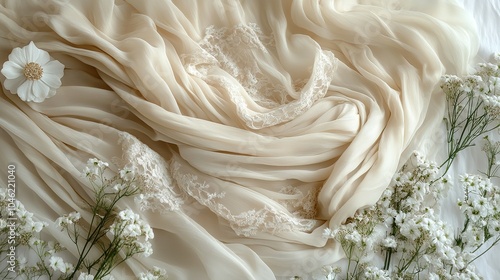 Creamy White Fabric with Delicate Lace and White Flowers