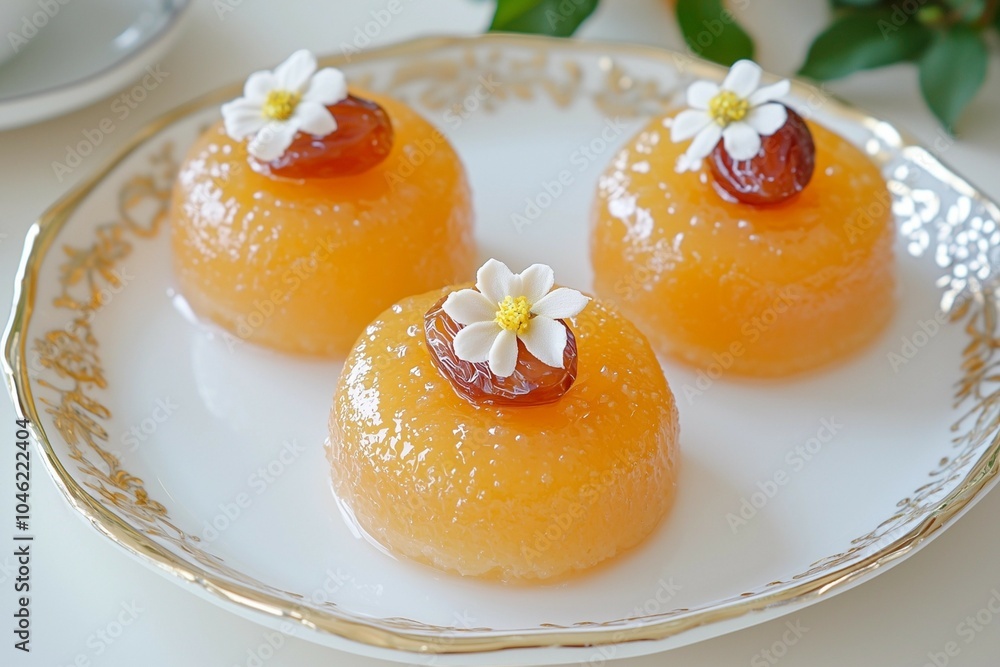 Chewy Honey-Glazed Korean Traditional Sweets Topped with Elegant Flower Decorations on a Plate Chewy Honey-Glazed Korean Traditional Sweets Topped with Elegant Flower Decorations on a Plate