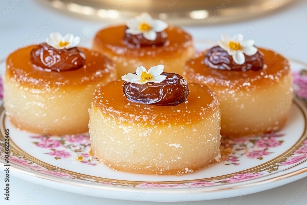 Chewy Honey-Glazed Korean Traditional Sweets Topped with Elegant Flower Decorations on a Plate Chewy Honey-Glazed Korean Traditional Sweets Topped with Elegant Flower Decorations on a Plate