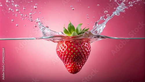 strawberry falling into water on pink minimalist background Wide-Angle