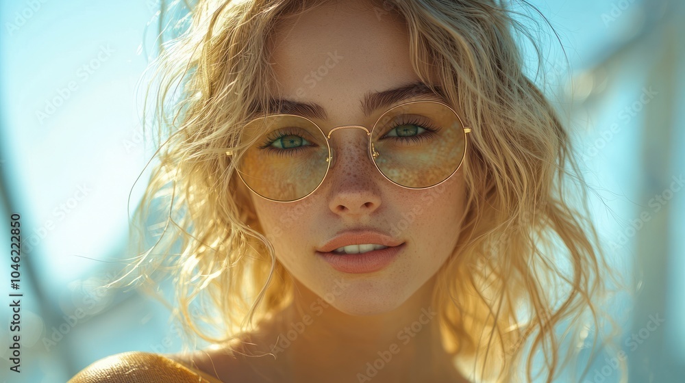 Closeup portrait of a young woman with blonde hair and freckles wearing round yellow sunglasses and looking at the camera with a smile. Closeup portrait of a young woman with blonde hair and freckles wearing round yellow sunglasses and looking at the camera with a smile.