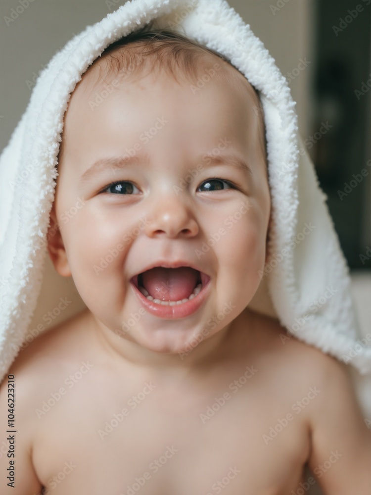 Happy Baby Smiling Under a Soft White Towel After Bath