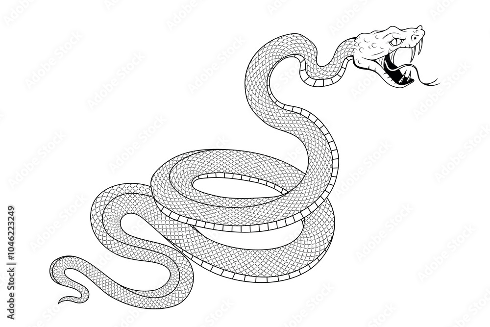 Obraz premium Snake illustration. Tattoo elements of snake skin. Vector illustration sketch of a traditional Chinese mythical animal. Green snake