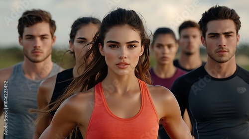 A group of athletes training hard on a track field during the early morning, sweat visible and faces intense with concentration, capturing the essence of persistence and perseverance, Ultra-Realistic,