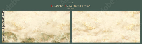 和風, 背景, 金箔, 雲, 年賀状, 風景, 景色, 手書き, フレーム, ベクター, 水彩, 山, 自然, お正月, 屛風, ビジネス, セット, イラスト