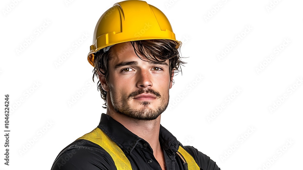 An angled photography of a handsome thirty year old man's face with brown wavy hair and clean shaven wearing a yellow safety helmet, white background, Ultra-Realistic, Photo Realistic, highly An angled photography of a handsome thirty year old man's face with brown wavy hair and clean shaven wearing a yellow safety helmet, white background, Ultra-Realistic, Photo Realistic, highly