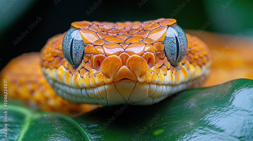 Fototapeta premium Close-up of a vibrant orange snake resting on a green leaf.