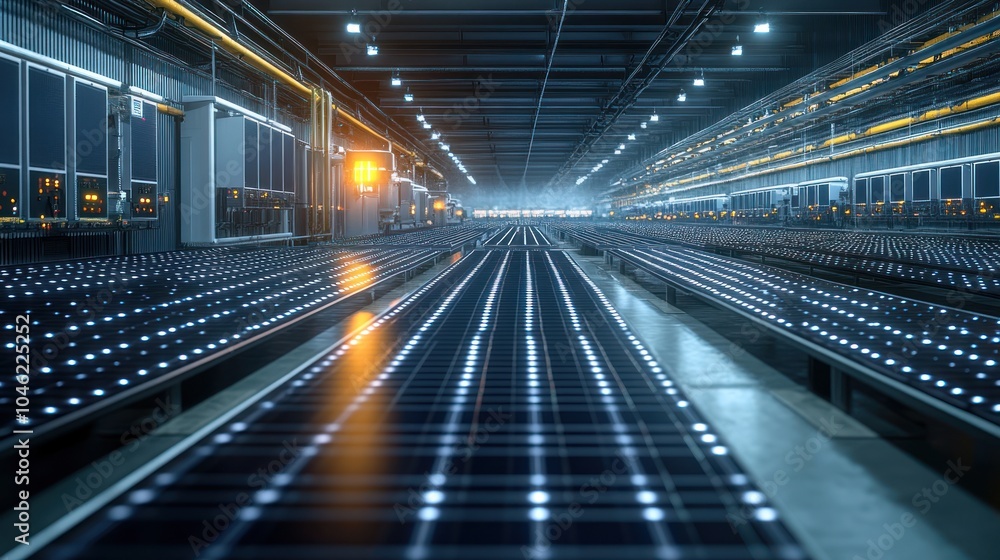 Industrial facility with rows of illuminated solar panels. Industrial facility with rows of illuminated solar panels.