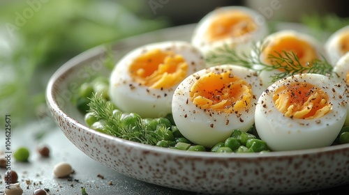 A close-up of a white bowl filled with hard-boiled eggs and green peas, garnished with dill and pepper.