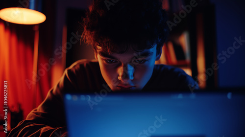 Teenager boy engaged with a laptop late at night, illuminated by the screen glow. Teen and tween online safety, internet use, and need for digital awareness. Image made using Generative AI. photo