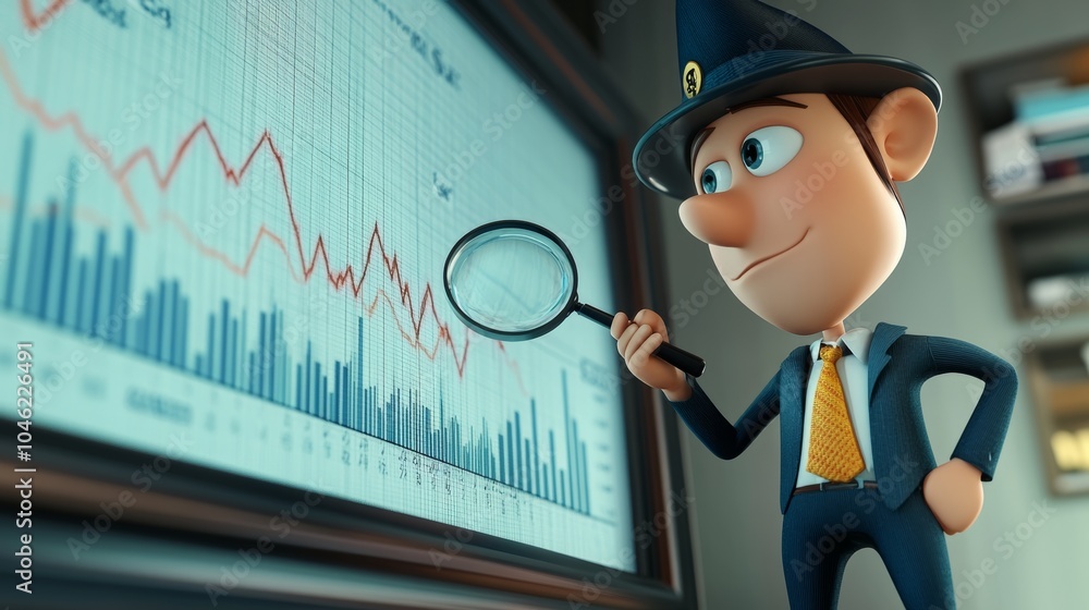 animated character examining graphs and documents