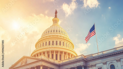 The US Congress and the American Flag waving in the wind, daylight. Cool 4th of July, National Holiday Border. The White House, President Residence, Stars and Stripes. American Independence, Capitol