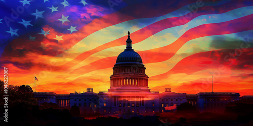 The White House with the American Flag flutter in the sunset, evening. Veterans Day Photo. Cool 4th of July, National Holiday Border. The White House, President Residence, Stars and Stripes.