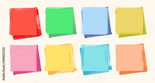Set of vector colorful sticky notes. Rough edge paper frames. Vintage collage square elements. Distressed notebook pages on white. Text boxes in punk style. Childish art habd painted background