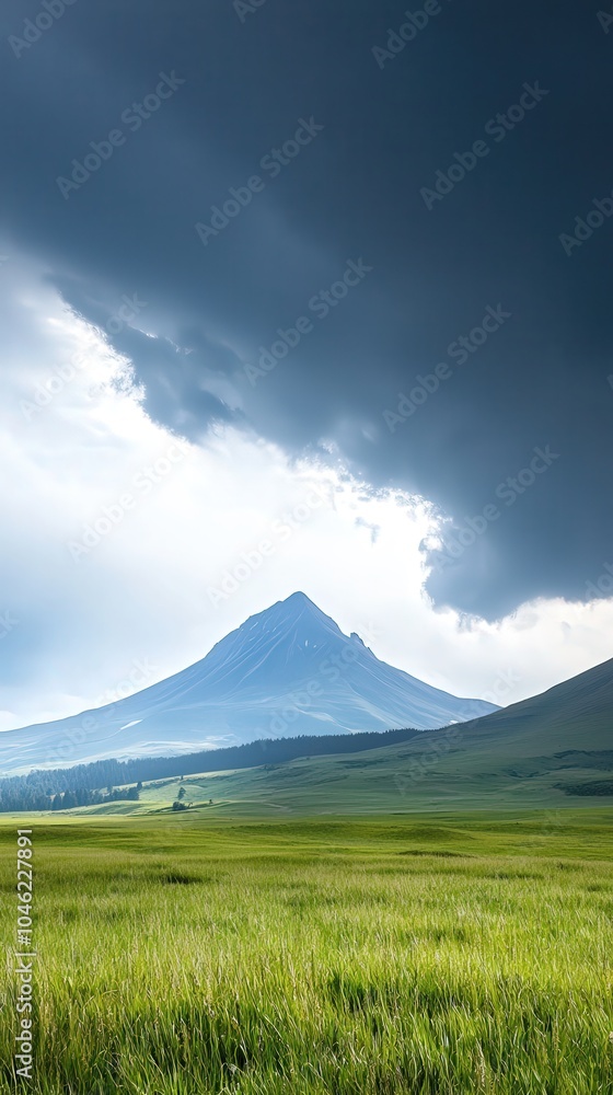 Majestic Mountain Under Dramatic Clouds with Lush Green Fields in the Foreground Majestic Mountain Under Dramatic Clouds with Lush Green Fields in the Foreground