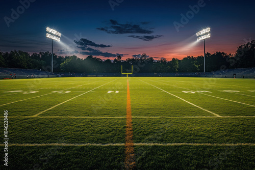 Football field at night, brightly illuminated with floodlights, empty and serene with shadows stretching across the green grass under a starry sky.