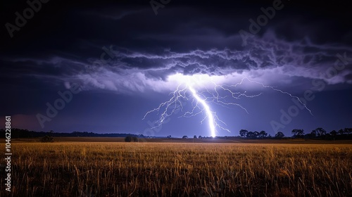 Dramatic lightning striking over a dark landscape under a stormy sky.