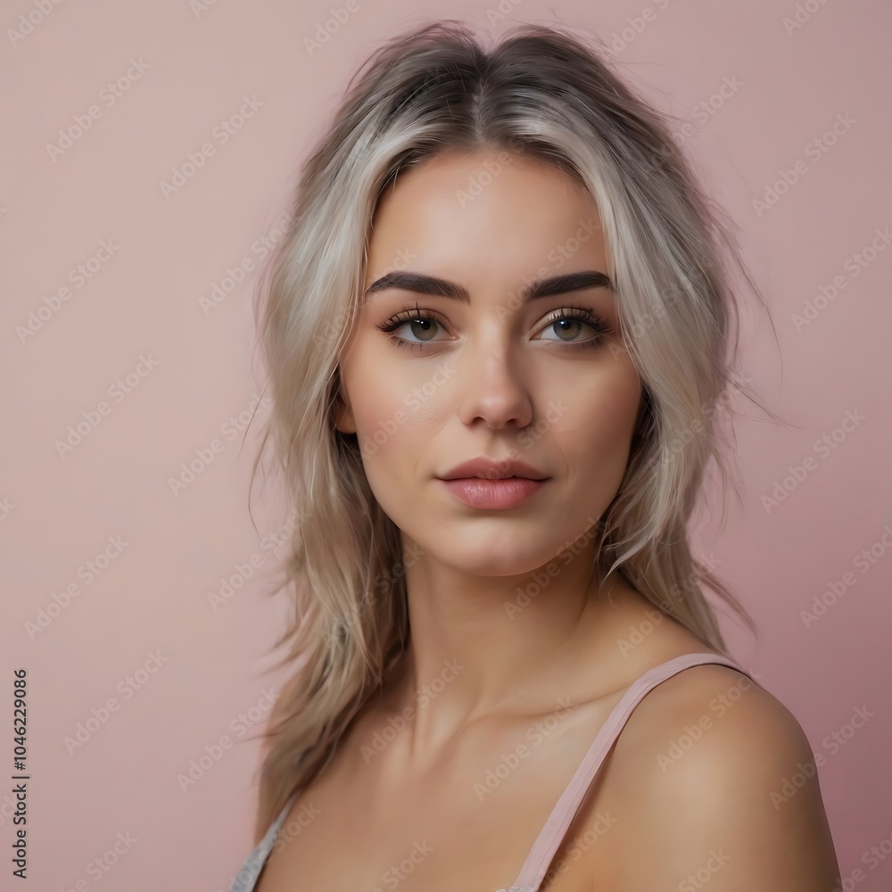 Fototapeta premium Beautiful blonde woman model on a pink background Generative Ai 
