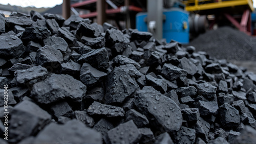 Close up detailed view of a large pile of coal rocks and chunks in an industrial coal mining and processing facility