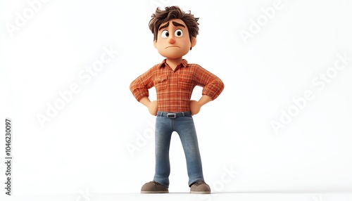 Angry cartoon figure standing confidently with hands on hips, dressed in casual wear and displaying annoyance against a white canvas