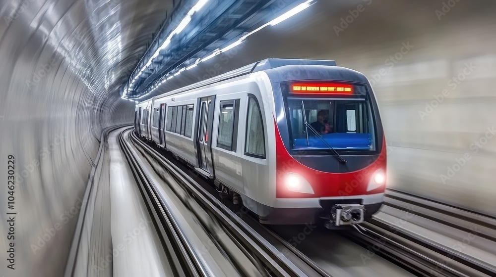 Fototapeta premium Modern Subway Train in Motion Inside a Tunnel