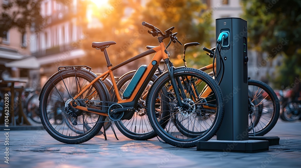 Modern Electric Bicycles Parked in Urban Setting Modern Electric Bicycles Parked in Urban Setting