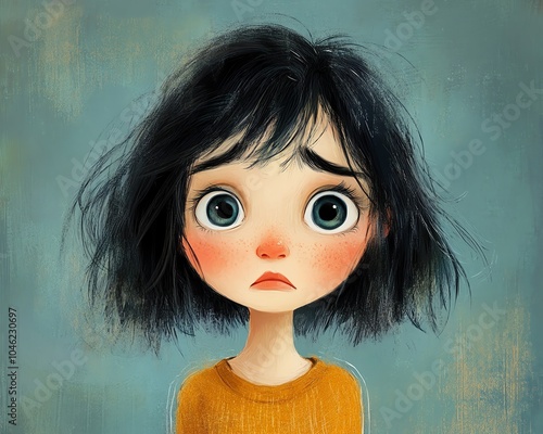 Endearing cartoon portrayal of a sad woman, big eyes filled with worry and disappointment, captured in a charming illustration photo