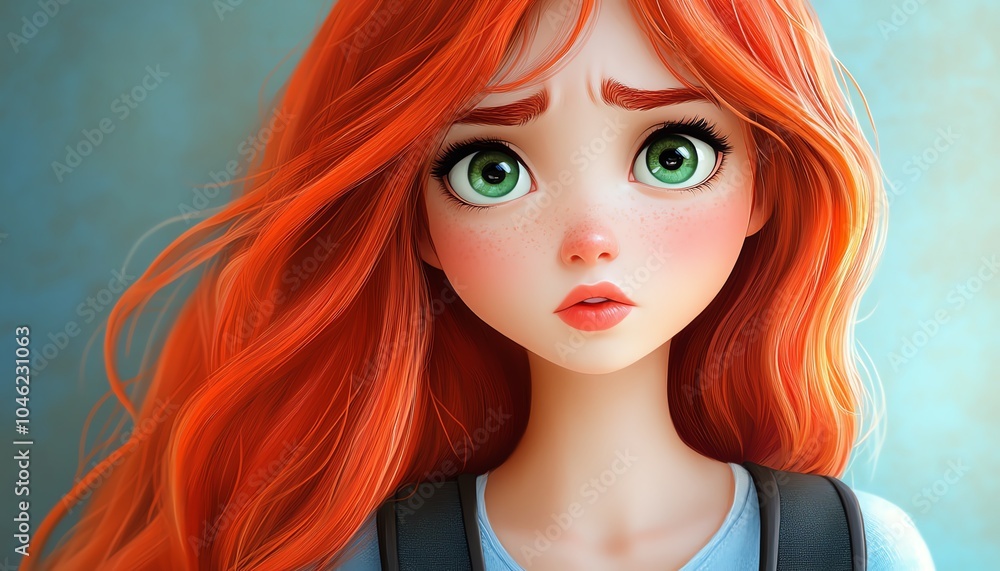 Fototapeta premium Illustration of a cute schoolgirl featuring vibrant red hair and a backpack, displaying a worried pout and expressive green eyes