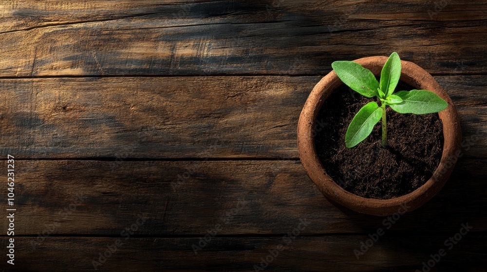 Naklejka premium Green Sprout in Clay Pot on Rustic Wood Surface