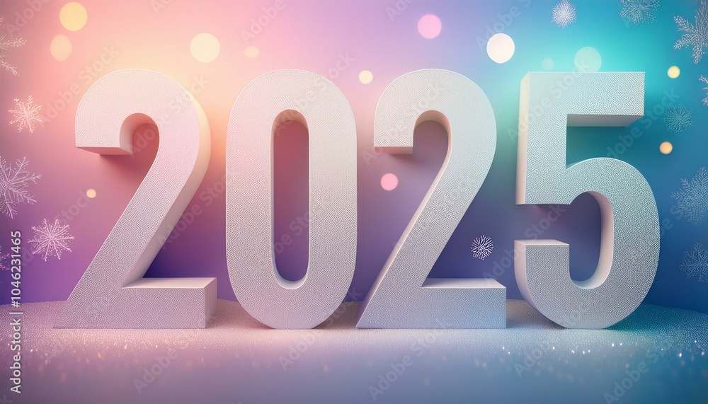 Minimalist '2025' New Year design with clean, white numbers against a pastel-colored gradient background, accented by soft bokeh lights and subtle snowflakes for a modern, serene look Minimalist '2025' New Year design with clean, white numbers against a pastel-colored gradient background, accented by soft bokeh lights and subtle snowflakes for a modern, serene look