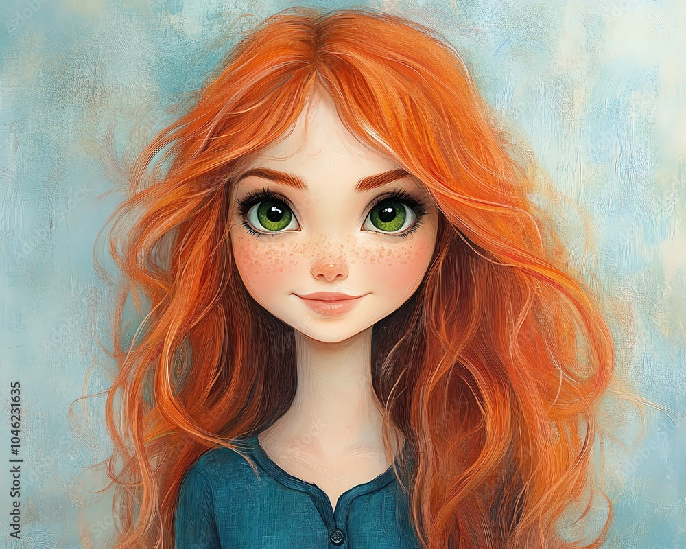 Whimsical depiction of a cheerful girl with long red hair and big green eyes, radiating positivity in a lovely blue shirt Whimsical depiction of a cheerful girl with long red hair and big green eyes, radiating positivity in a lovely blue shirt