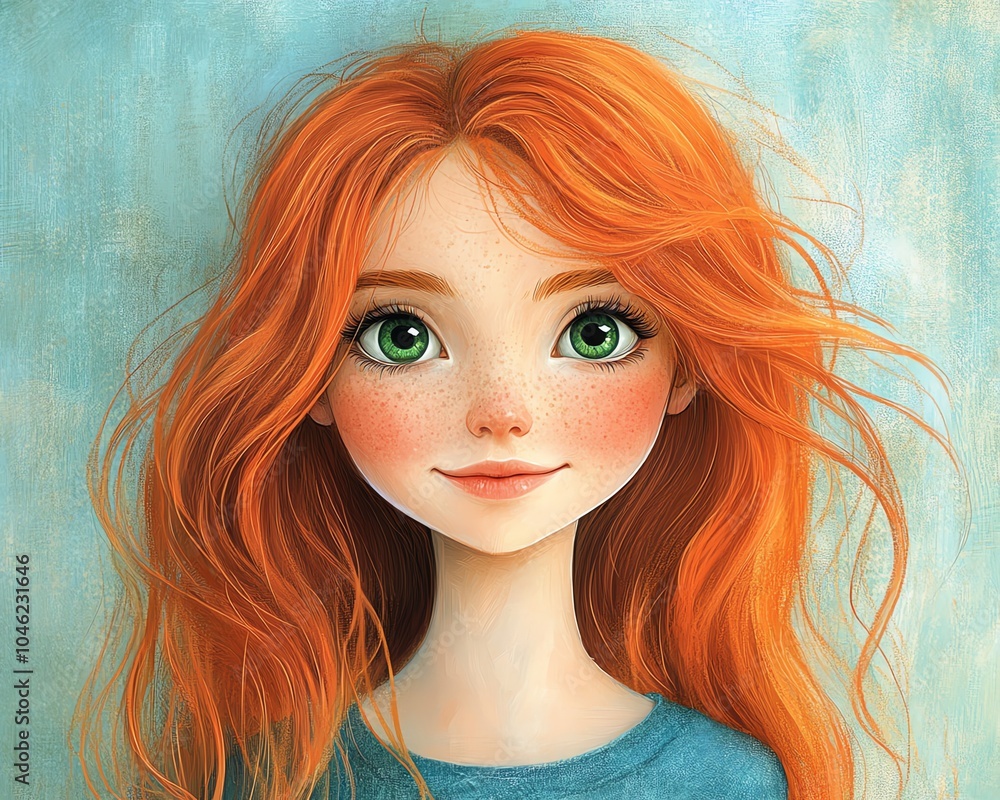 Whimsical depiction of a cheerful girl with long red hair and big green eyes, radiating positivity in a lovely blue shirt Whimsical depiction of a cheerful girl with long red hair and big green eyes, radiating positivity in a lovely blue shirt