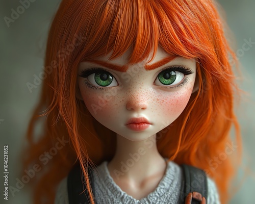 Adorable depiction of a schoolgirl with bright red hair, wearing a backpack and showcasing a sad pout with worried green eyes