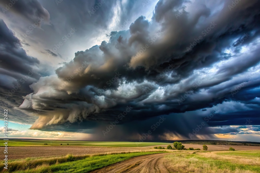 Dark and foreboding clouds with low-hanging stratus clouds casting long shadows across the landscape, clouds, ominous