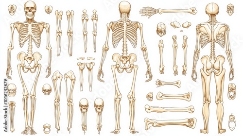 Create a full-body illustration of the human skeleton on a white background, showcasing each bone with clear anatomical detail and accuracy, ideal for educational or medical purposes.  photo