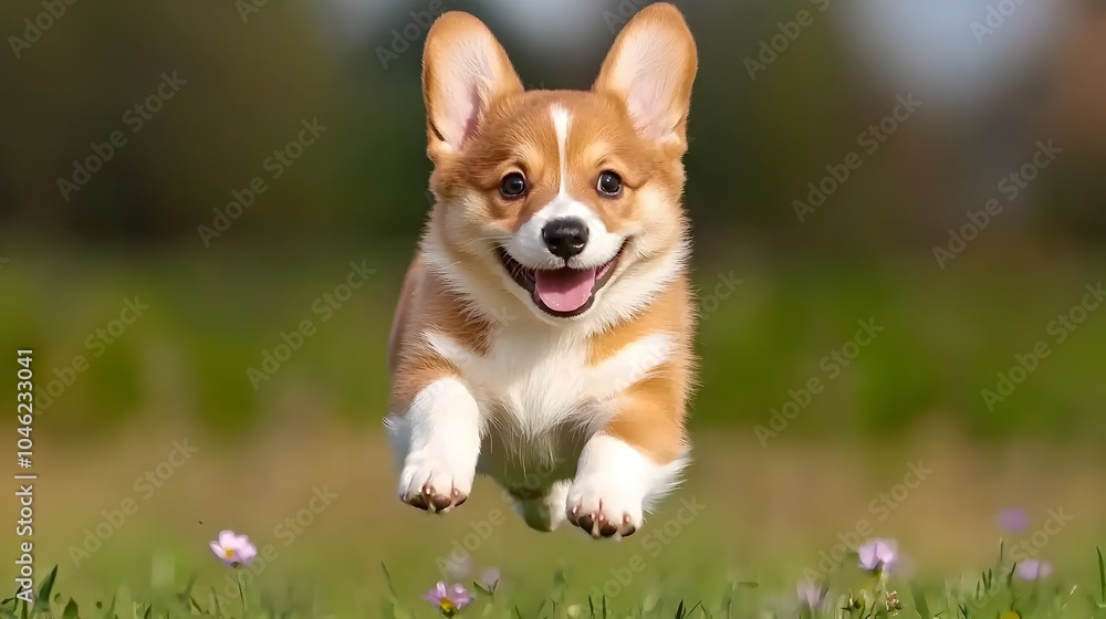 Playful Shiba Inu Puppy Running Through Floral Field in Sunlight Playful Shiba Inu Puppy Running Through Floral Field in Sunlight