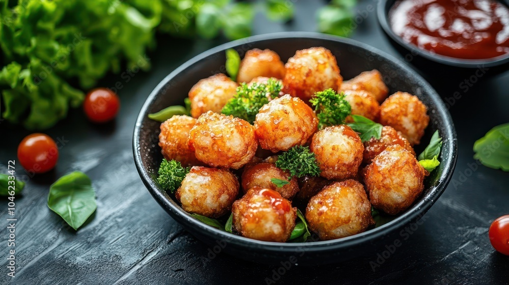 Fried cheese bites served in a black bowl, topped with hot sauce and broccoli. Fried cheese bites served in a black bowl, topped with hot sauce and broccoli.