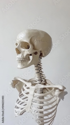 Create a full-body illustration of the human skeleton on a white background, showcasing each bone with clear anatomical detail and accuracy, ideal for educational or medical purposes.  photo