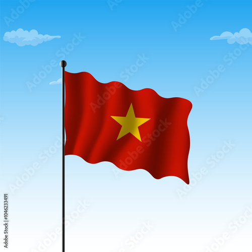 Waving flag of Vietnam. Illustration of Asian country flag on flagpole. Vector  isolated on blue background