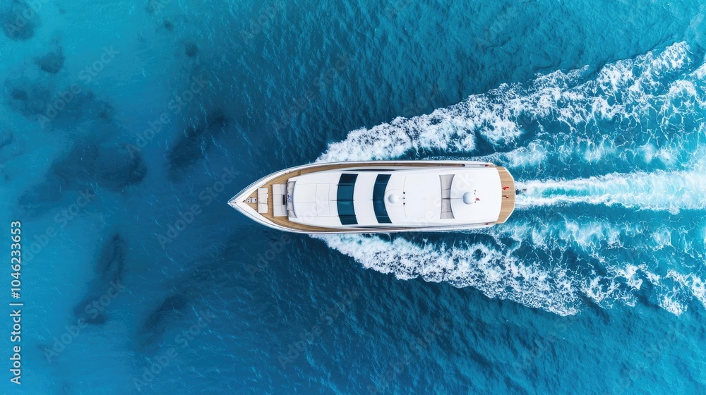 Luxury yacht sailing on blue water, aerial view, serene marine landscape. Luxury yacht sailing on blue water, aerial view, serene marine landscape.