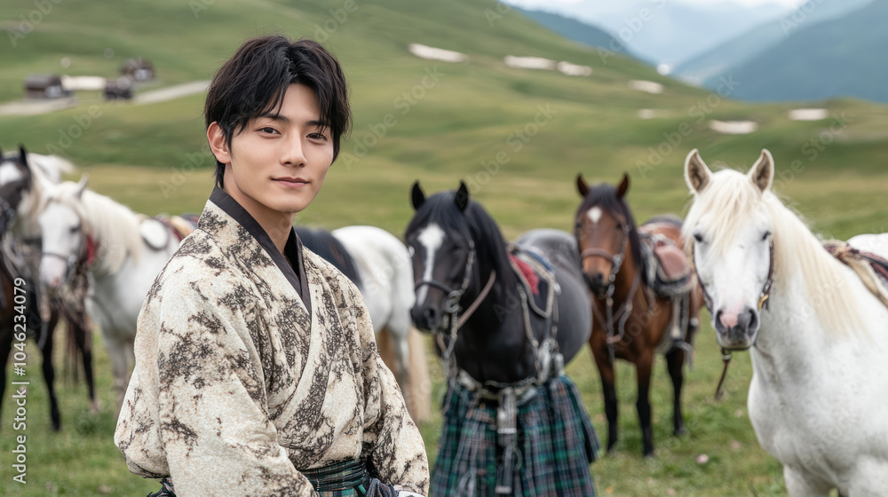 Obraz premium Korean man wearing kilt scottish traditional cloth in the highland